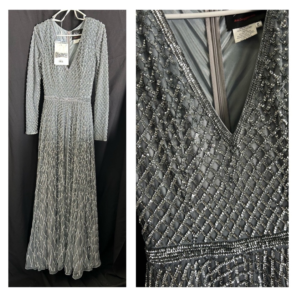 Rare 1/1 Mac Duggal 5507 NWT Silver Sequined Long Sleeve Gown